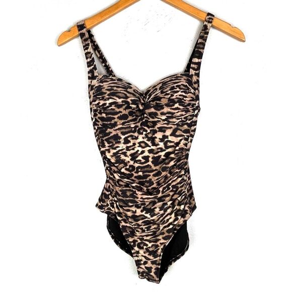 Nip Tuck Joanne Tummy Control Ruched Brown Black Leopard One Piece Swimsuit 8 - Picture 3 of 8